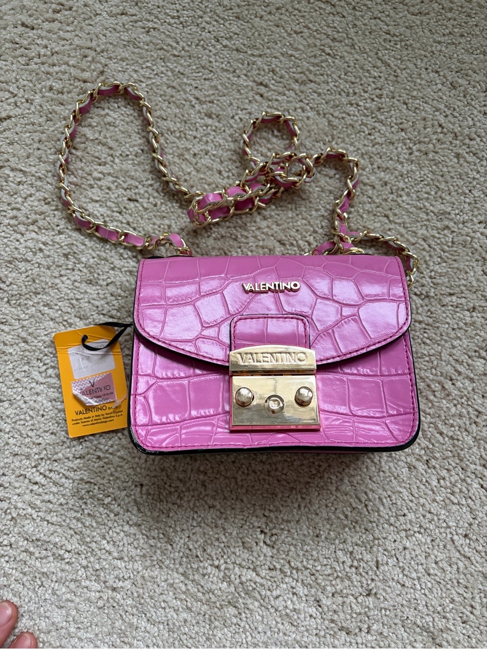 Authentic Valentino Pink Croc-Embossed Mini Chain Crossbody